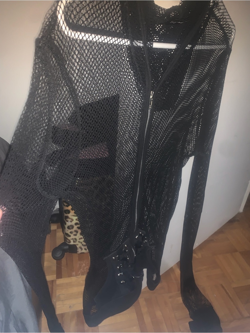 Black Mesh Zip-Front Hoodie Sweatshirt - Picture 8 of 8